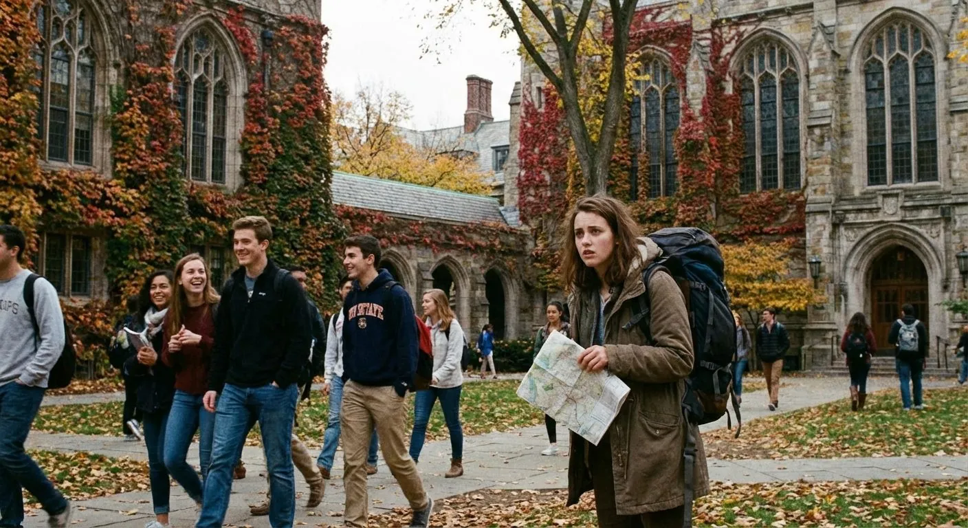 Students walk along an ivy-covered campus path in autumn.