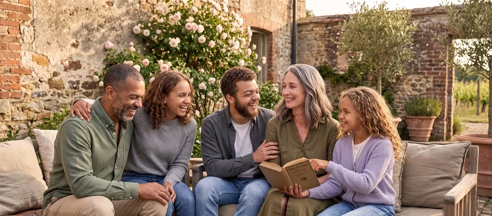 A family relaxes together on a sofa in a sunny garden.