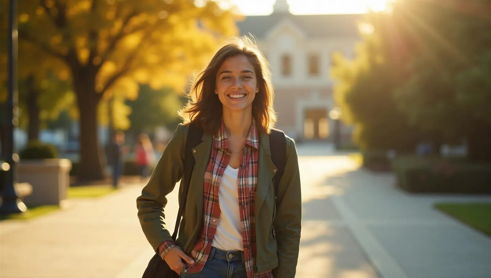 A student walks across campus on a bright autumn day, smiling.