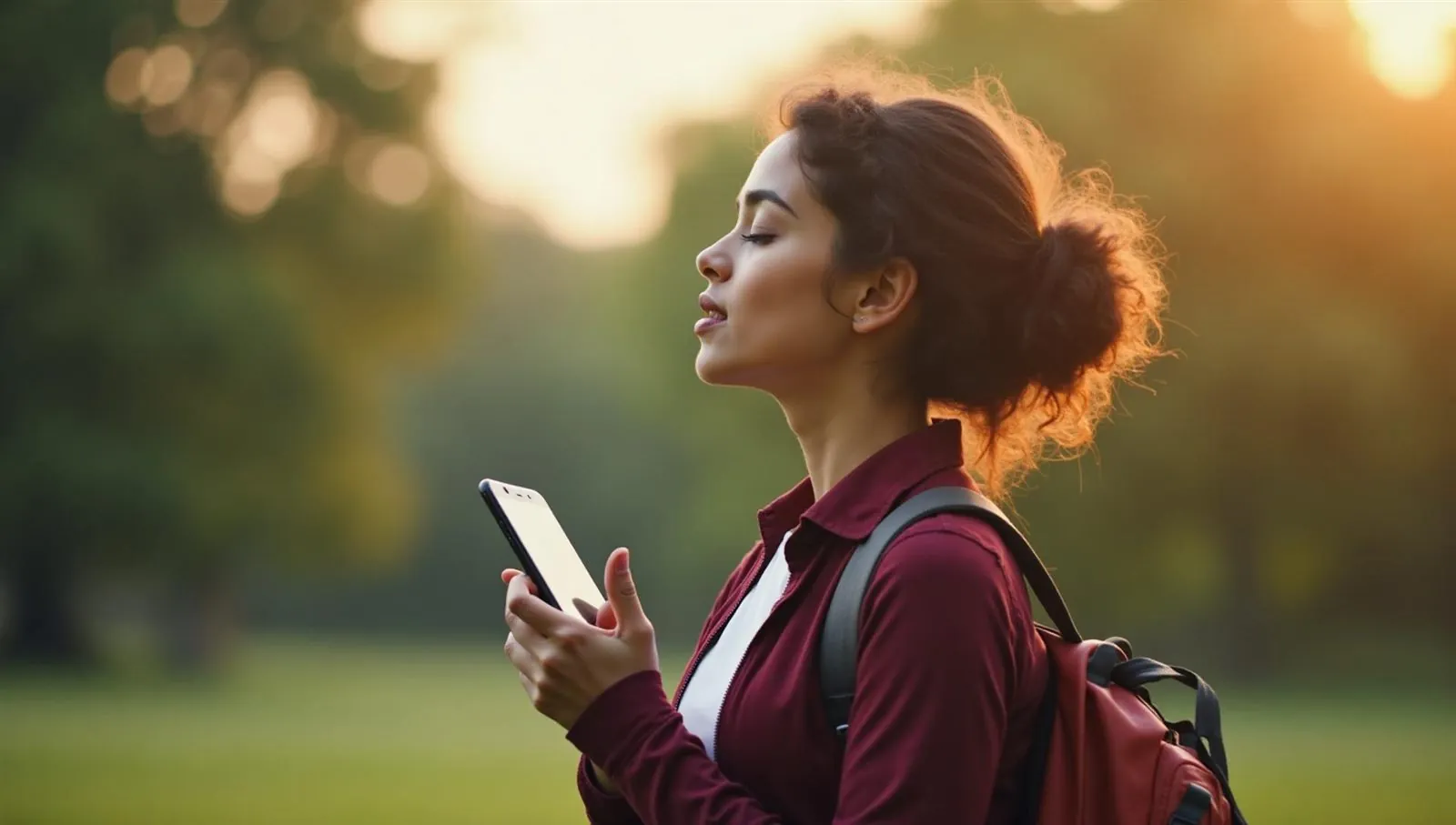 A student pauses outdoors in golden light, eyes closed, phone in hand.