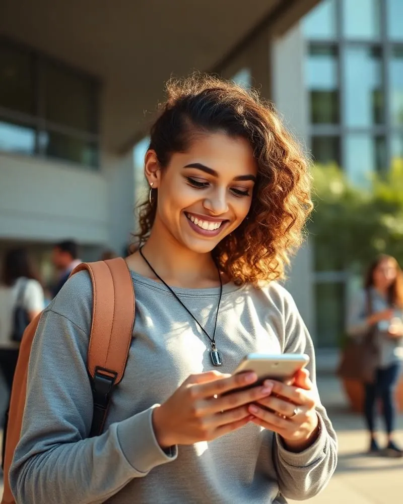 A student on campus smiles at her phone.