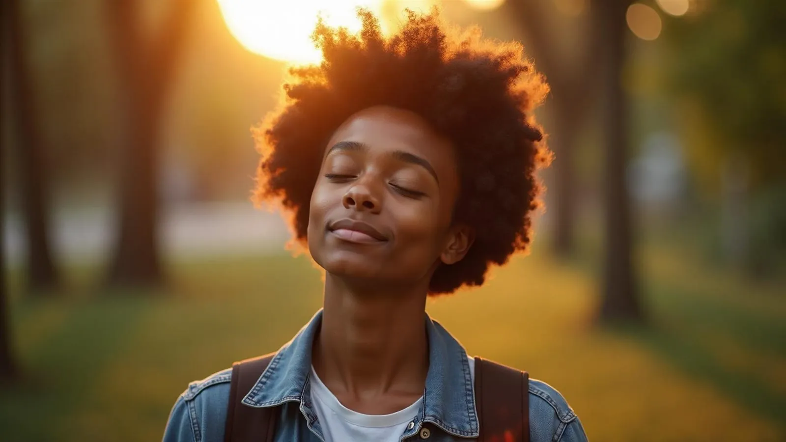 A student stands outdoors in warm evening light, eyes closed, smiling.