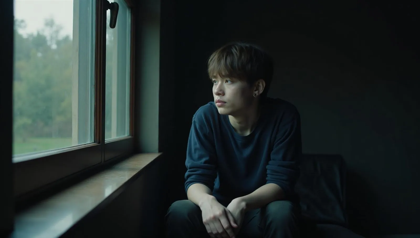 A young person sits by a window in soft light, looking out.
